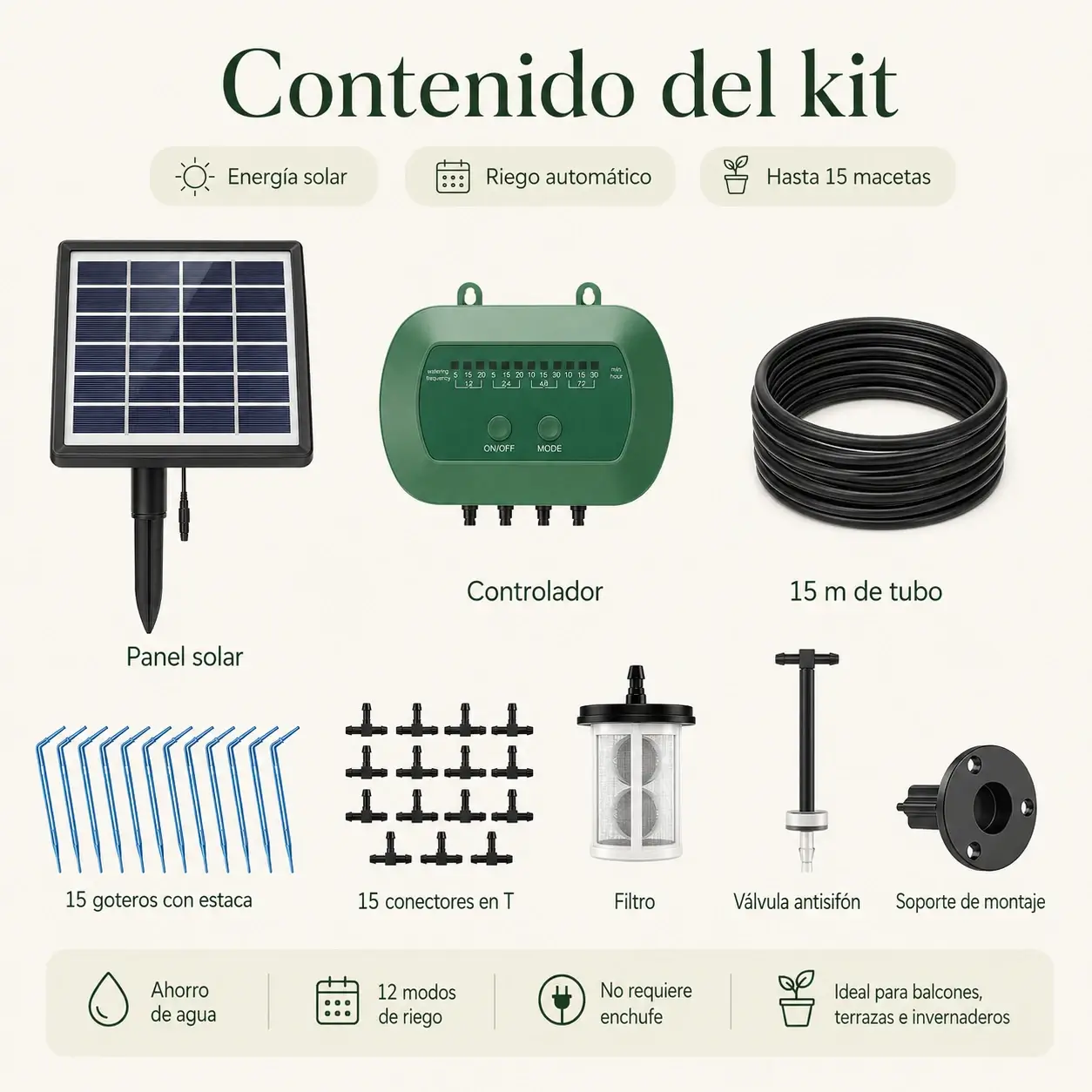 ☀️ Kit de riego por goteo automático con energía solar: mantenga hasta 15 plantas regadas durante su ausencia-Aisitin