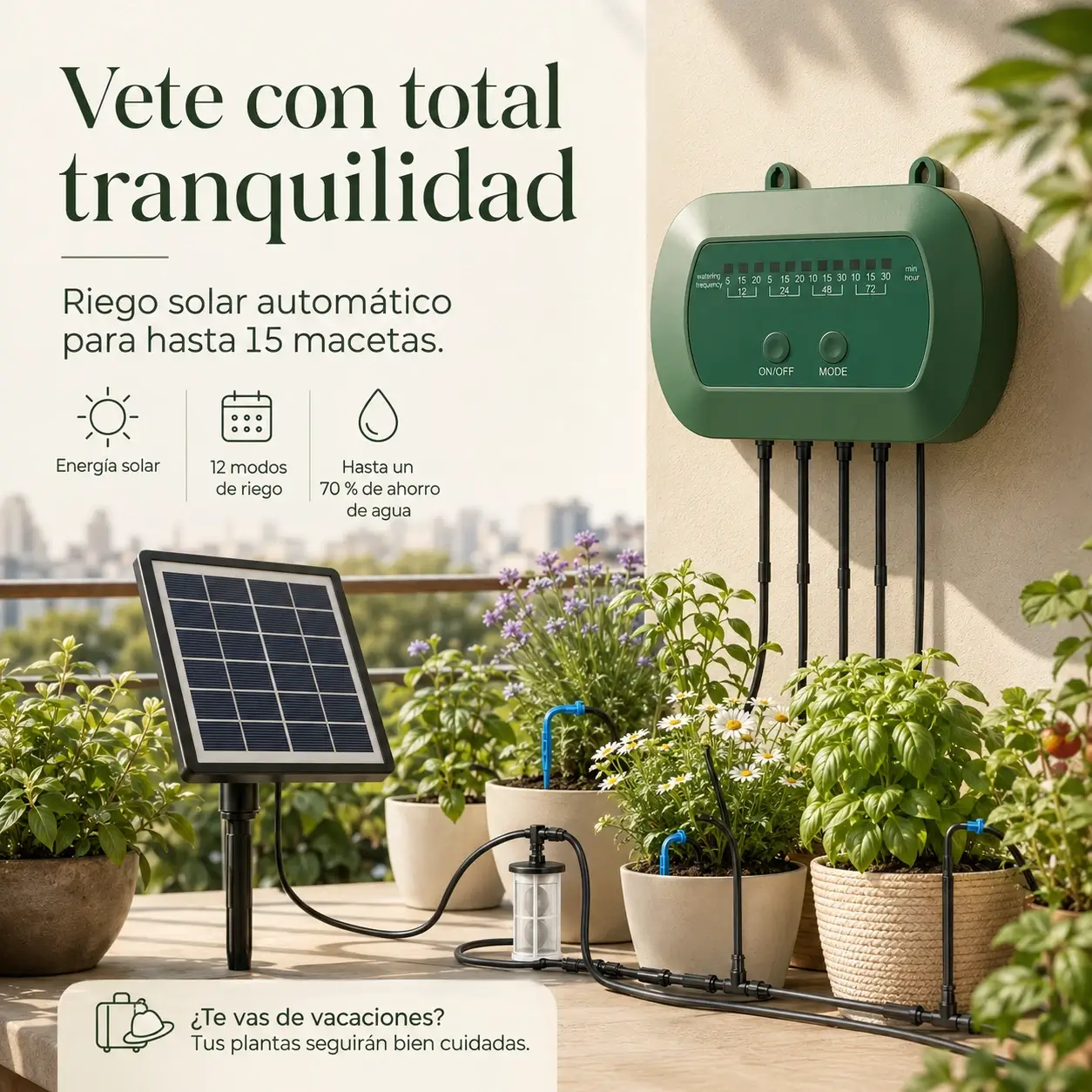 ☀️ Kit de riego por goteo automático con energía solar: mantenga hasta 15 plantas regadas durante su ausencia-Aisitin