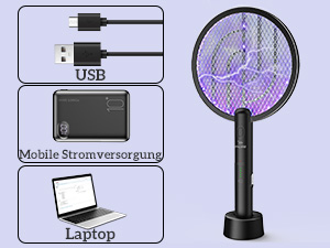 Elektrischer Insektenvernichter mit USB-Aufladung. Design im Racket-Stil mit violettem Gitter. Das Diagramm zeigt die Stromversorgungsoptionen f&uuml;r USB, Handy und Laptop