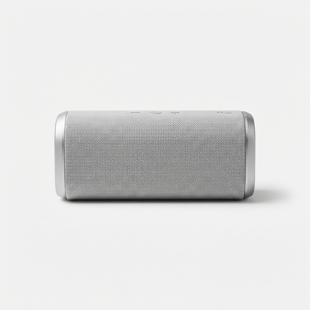 Lightgrey retro portable Bluetooth speaker with soft ambient glow