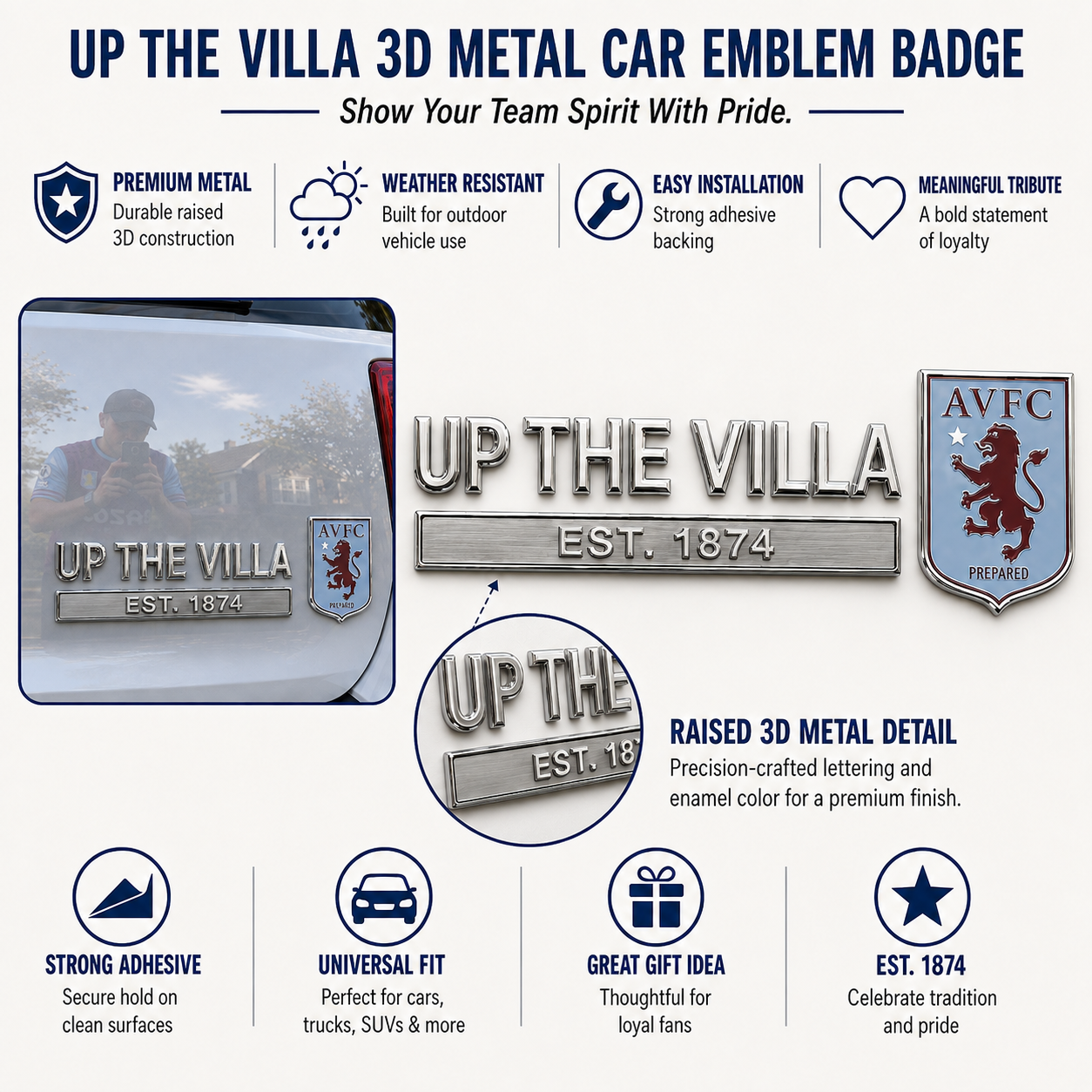 ⚽ UP THE VILLA 3D Metal Car Emblem Badge