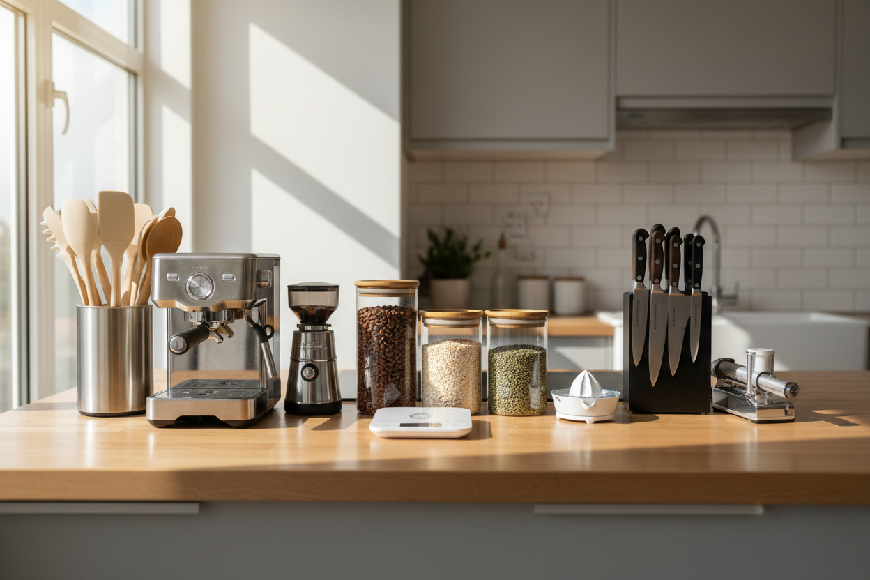 Kitchen counter with coffee-making equipment, spices, and utensils.