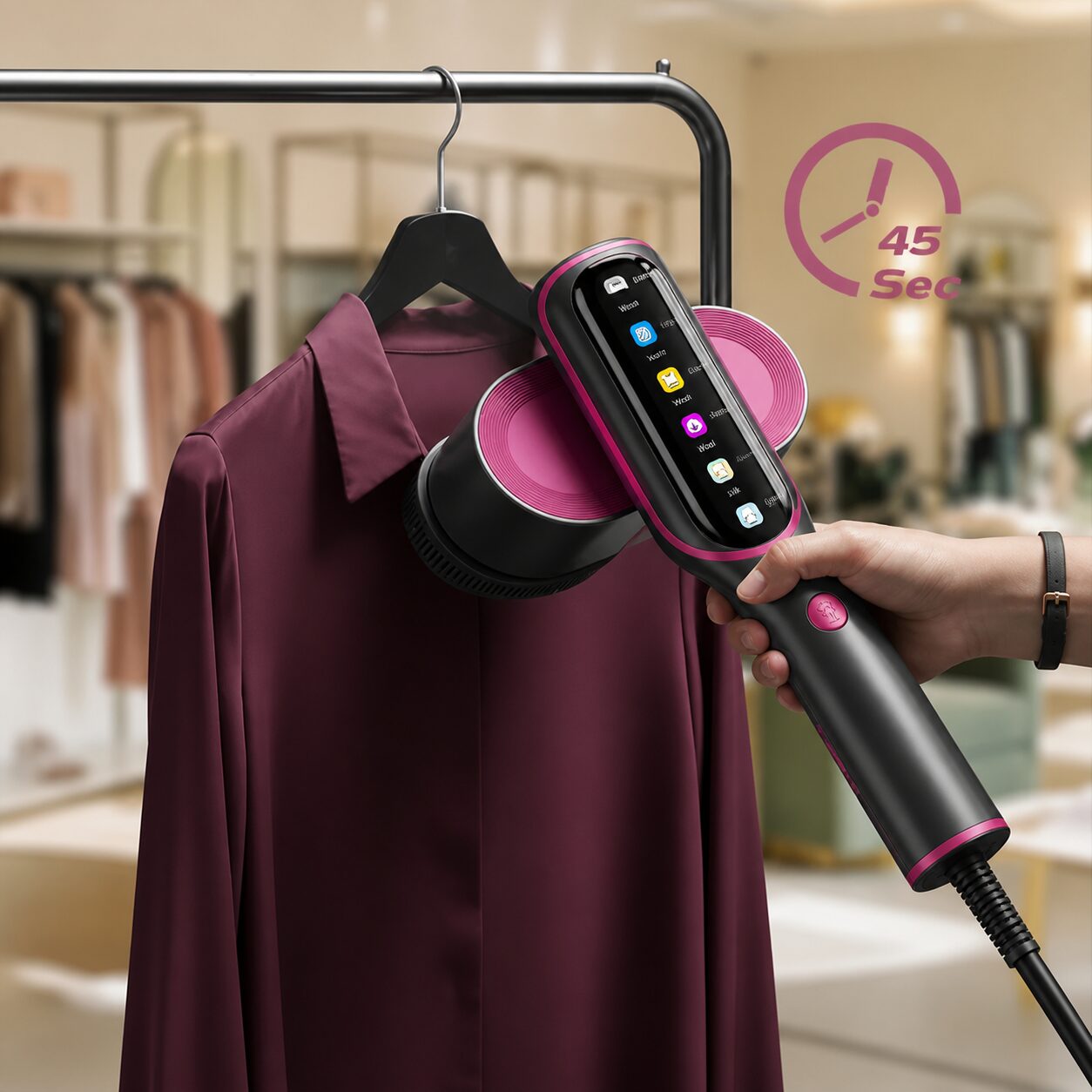 Klyro Steam Pro smoothing a burgundy shirt