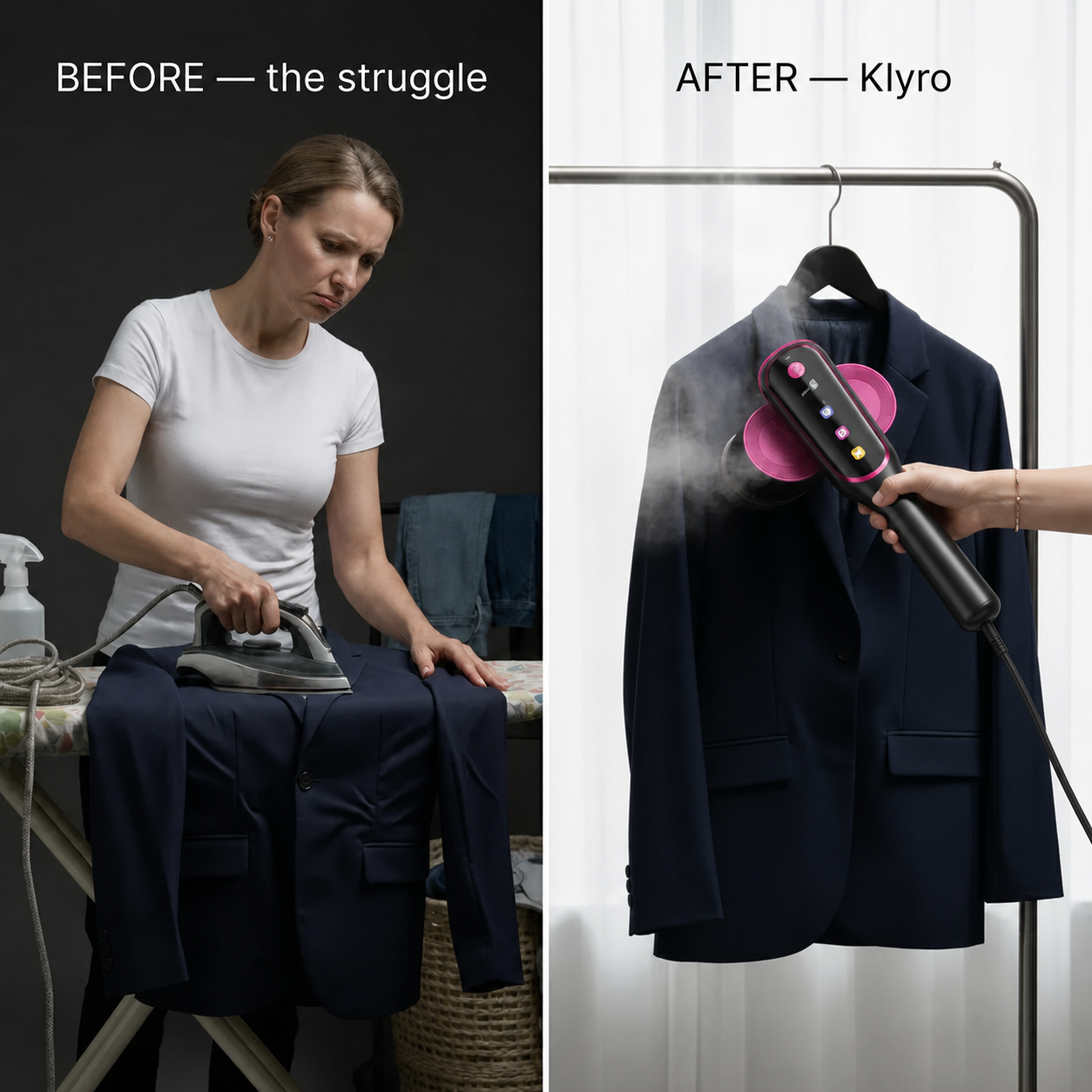 Before and after Klyro Steam Pro garment care