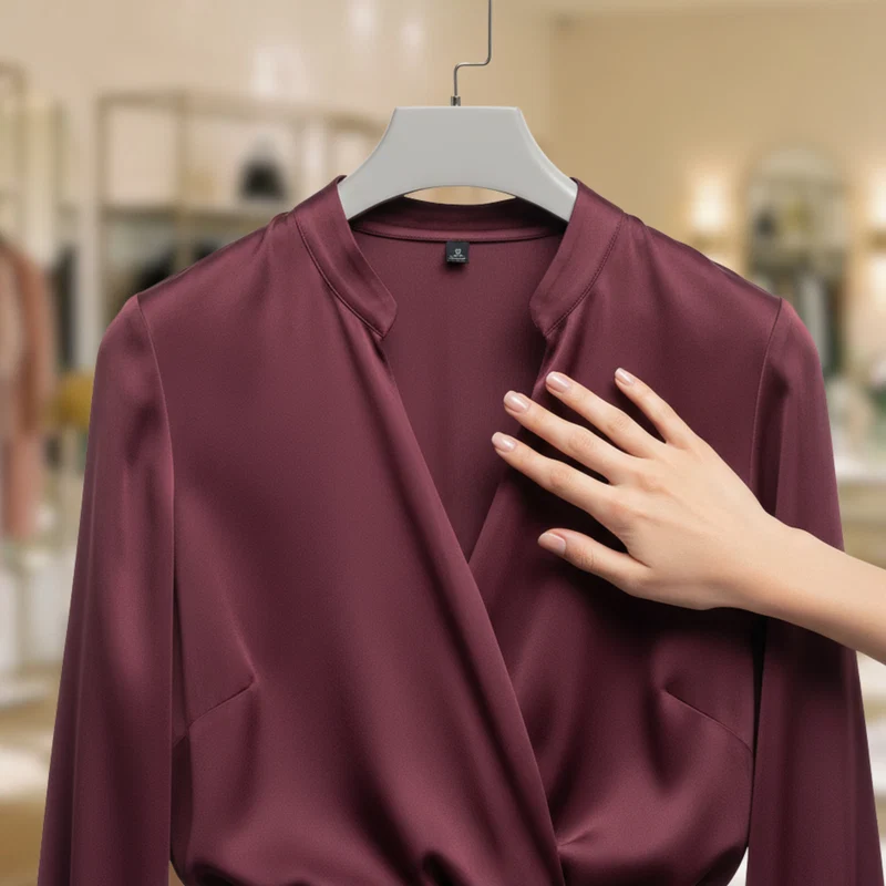 A wrinkle-free burgundy shirt after steaming