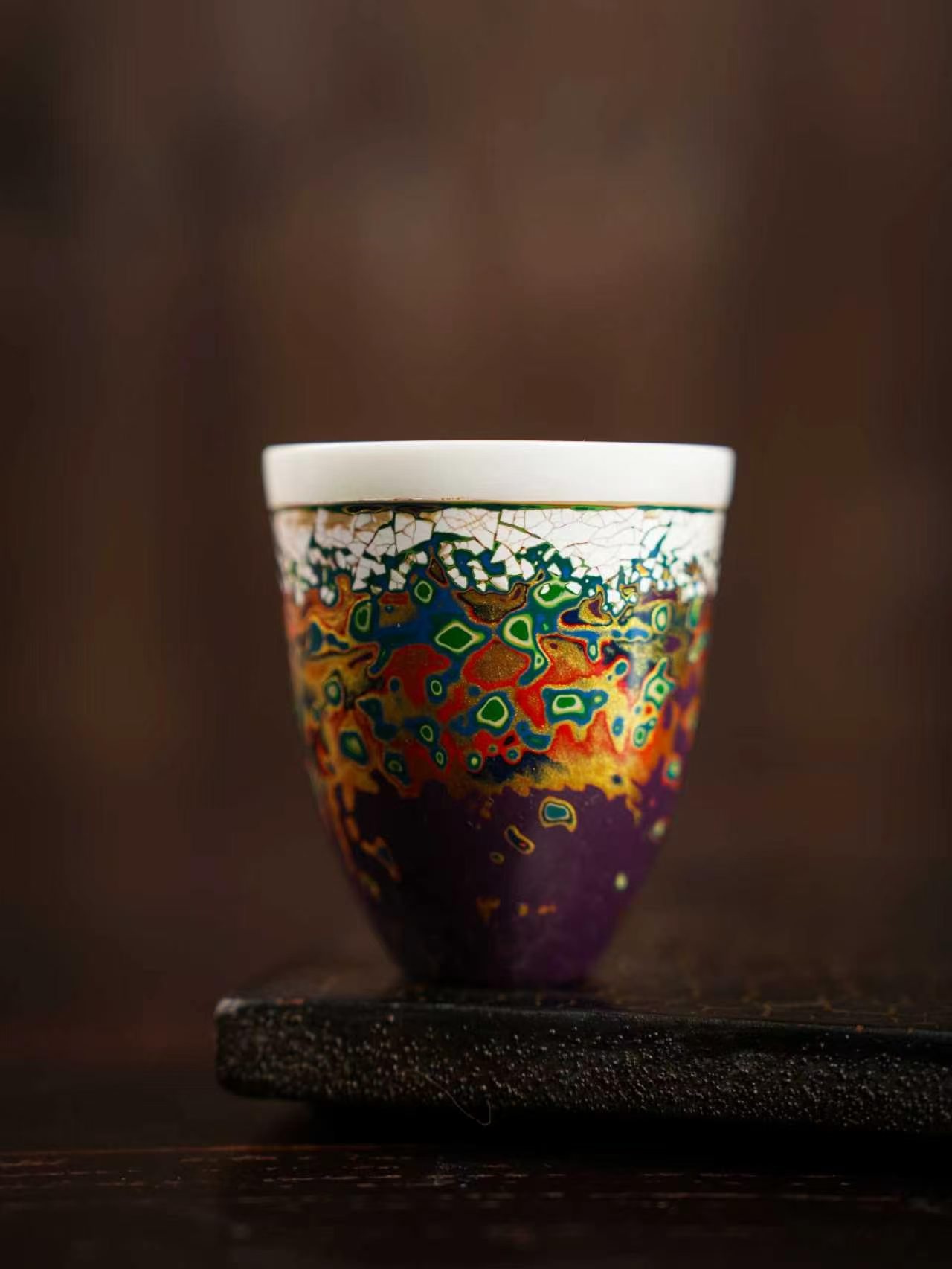 Oriental Multi-Color Marbled Lacquer Tea Cup Set, Five Unique Natural Lacquer Fragrance Cups With Luxury Gift Box