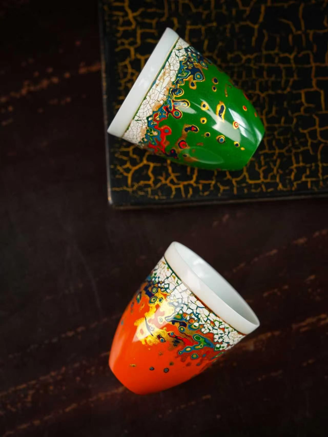 Oriental Multi-Color Marbled Lacquer Tea Cup Set, Five Unique Natural Lacquer Fragrance Cups With Luxury Gift Box
