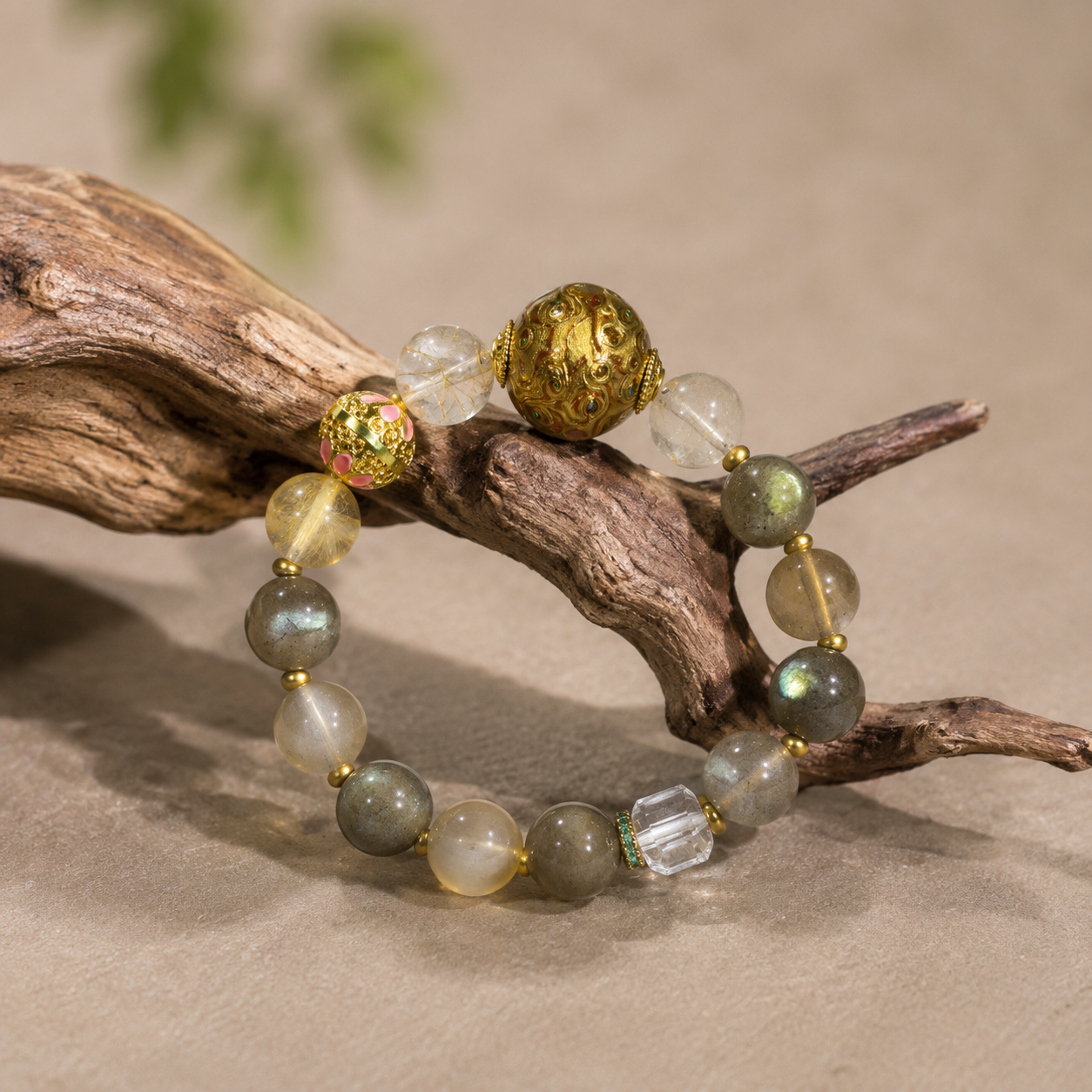 Imperial Fortune Crystal Bracelet – Golden Rutilated Quartz, Hawk's Eye & Heritage Lacquer Bead
