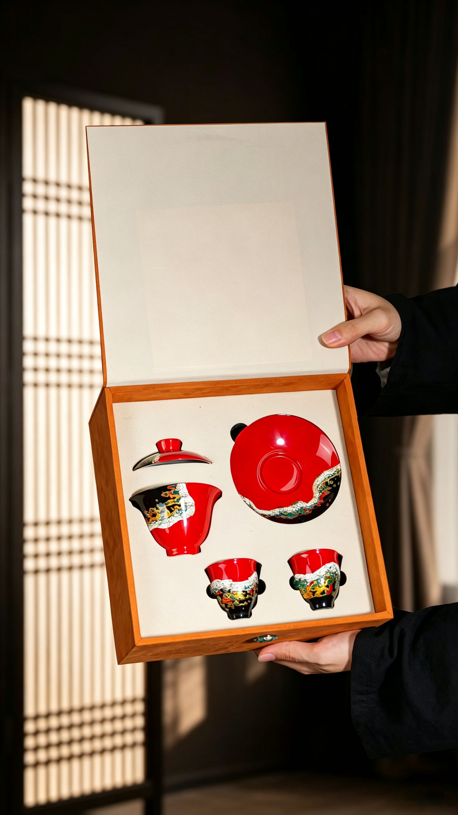Oriental Red Raw Lacquer Complete Tea Set, Multi-layer Hand Polished Lacquer Gaiwan & Pair Scent Cups, Luxury Business & Holiday Collectible Tea Gift Package