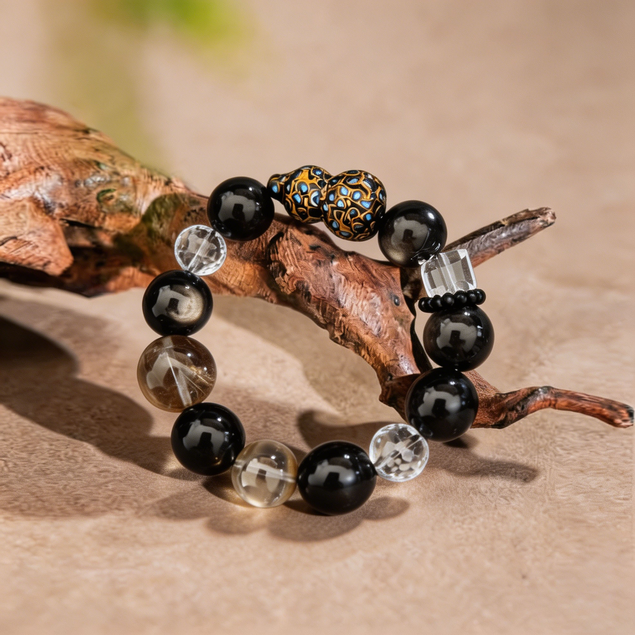 Oriental Daqi Lacquer Gourd Crystal Bracelet | Natural Obsidian Healing Bead Bracelet