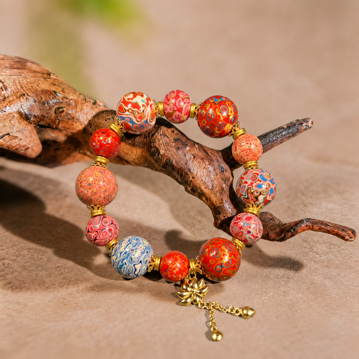 Handcrafted Heritage Lacquer Bracelet – Multicolor Artisan Lacquer Bead Bracelet with Lotus Charm