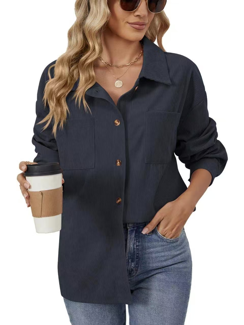 Women Loose Mid-Length Corduroy Shirt, Lapel Button Down Casual Fall Tunic Top-Tactilefable