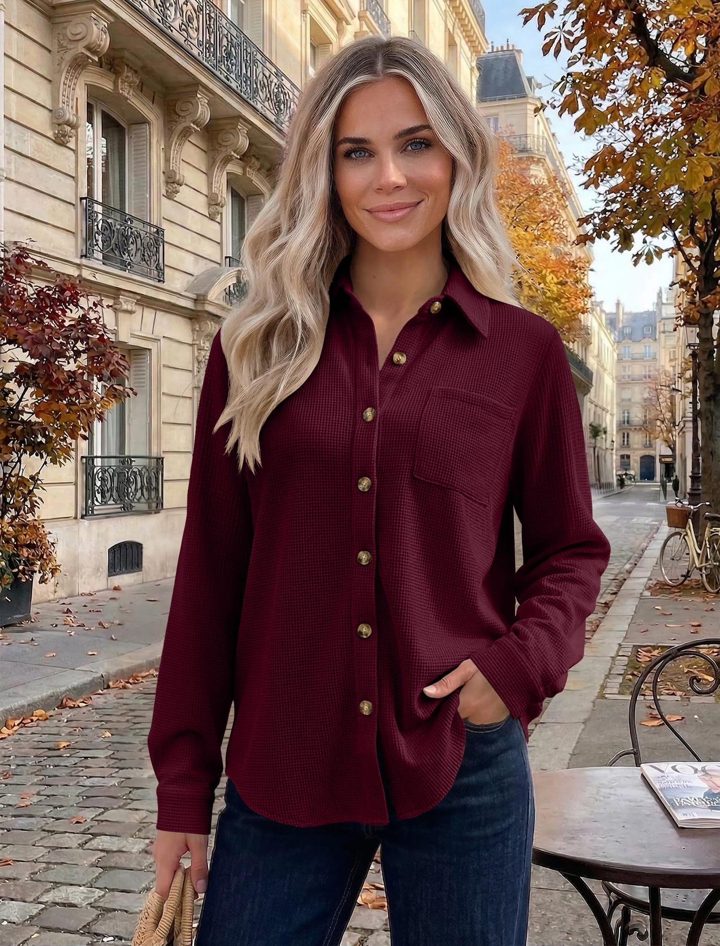 Women's Casual Waffle Knit Top, Button Down Long Sleeve Shacket-Tactilefable