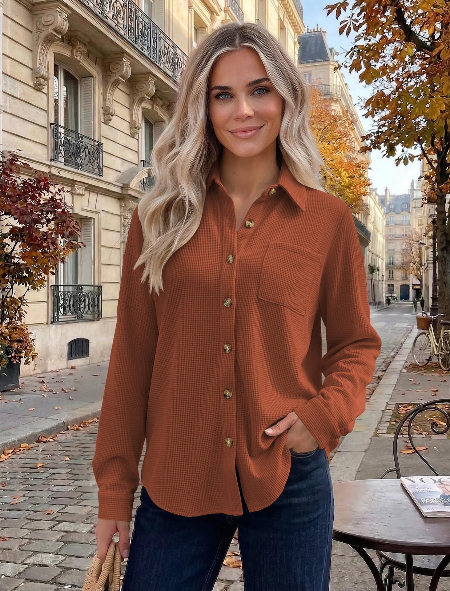 Women's Casual Waffle Knit Top, Button Down Long Sleeve Shacket-Tactilefable