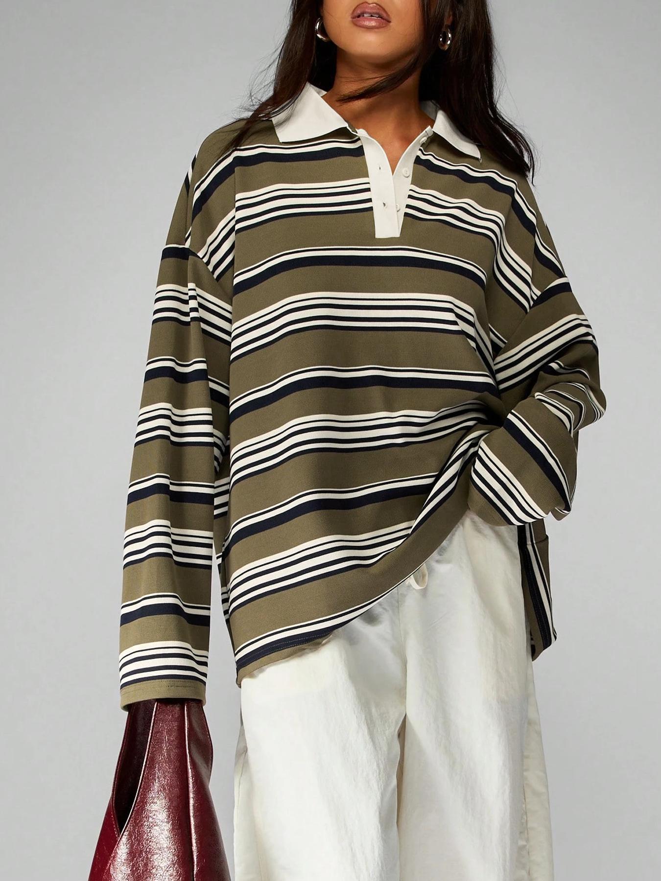 Women's Classic Casual Striped Long Sleeve Spring Fall Round Neck Fitted Top, Versatile Stripes Design, Perfect for Daily Wear-TACTILEFABLE