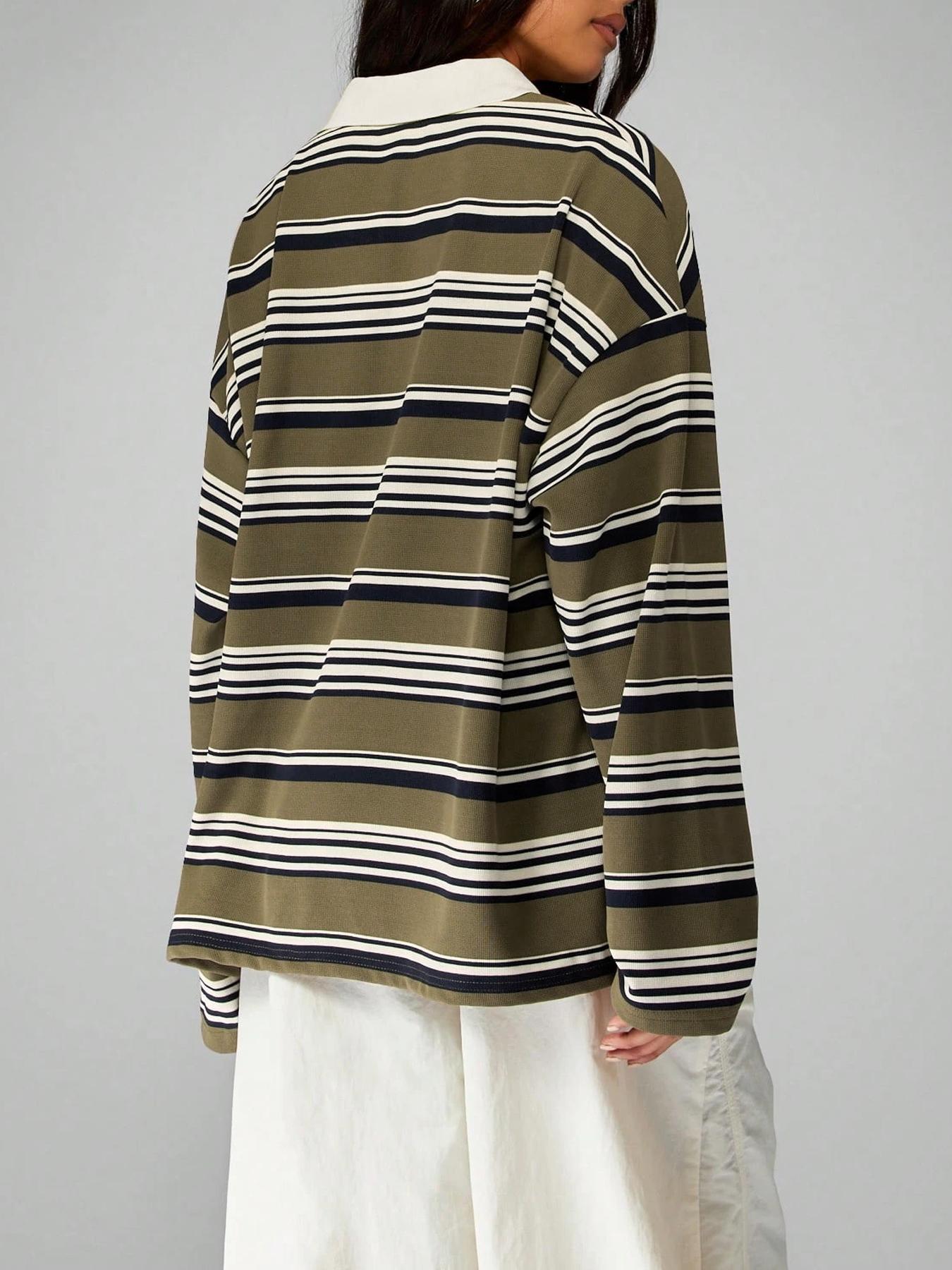 Women's Classic Casual Striped Long Sleeve Spring Fall Round Neck Fitted Top, Versatile Stripes Design, Perfect for Daily Wear-TACTILEFABLE