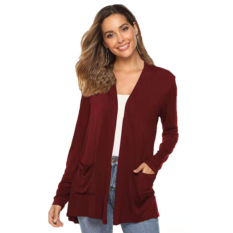 Women's Modal Long Sleeve Open Front Cardigan, V Neck Mid Length Casual Knit Cardigan with Pockets-TACTILEFABLE