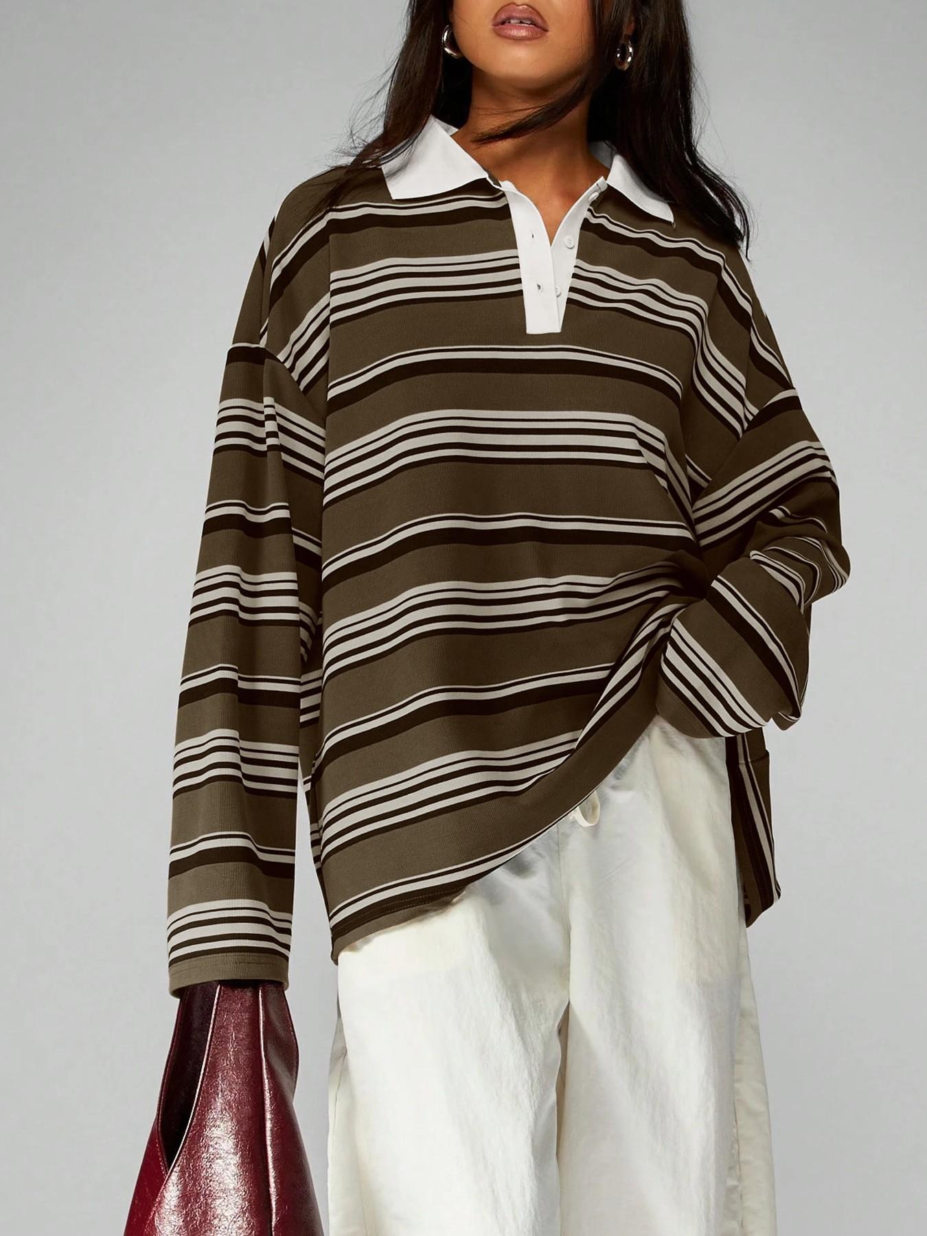 Women's Classic Casual Striped Long Sleeve Spring Fall Round Neck Fitted Top, Versatile Stripes Design, Perfect for Daily Wear-TACTILEFABLE