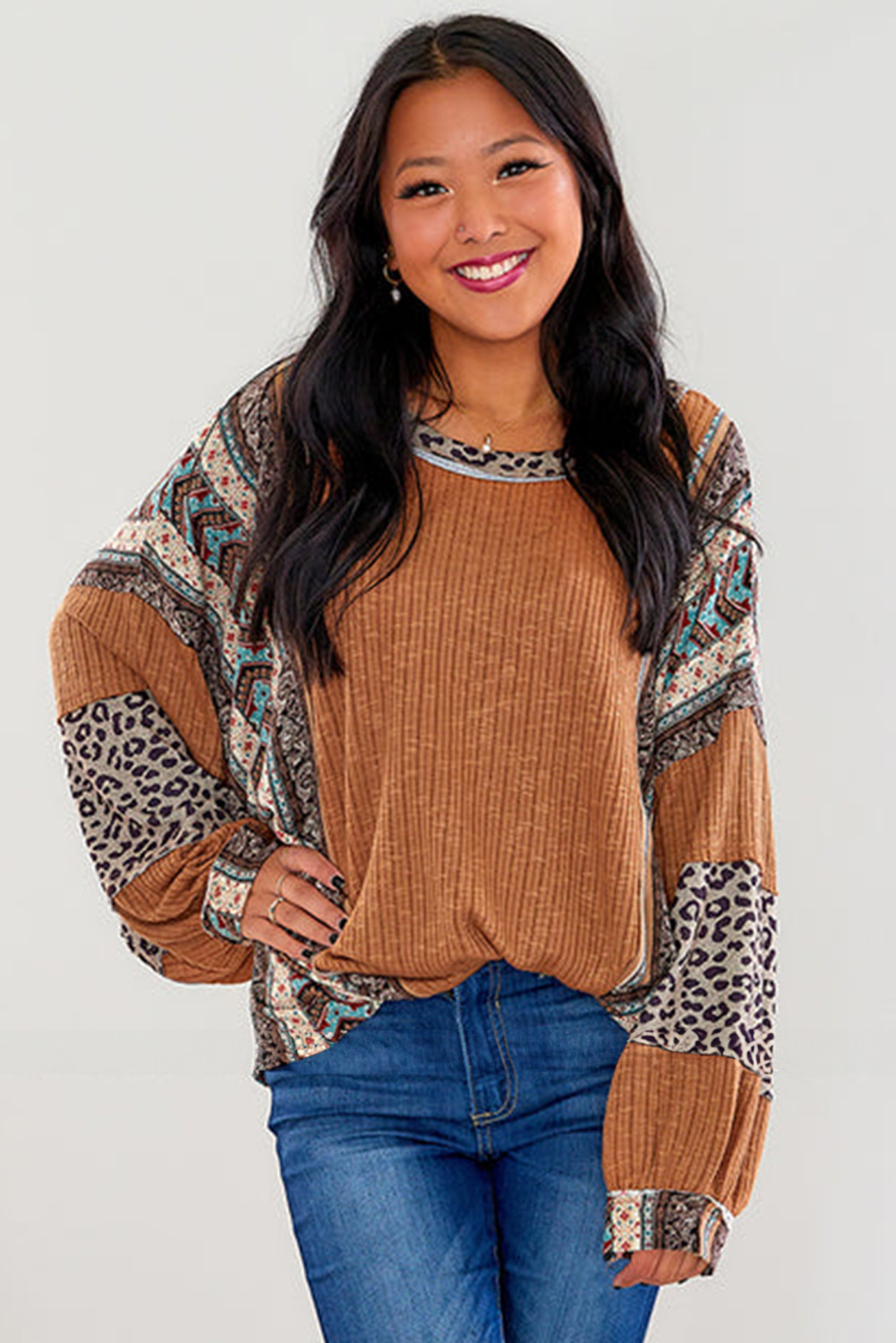 Women's Boho Leopard Patchwork Ribbed Top, Crew Neck Long Sleeve Loose Fit Tunic Blouse-Tactilefable