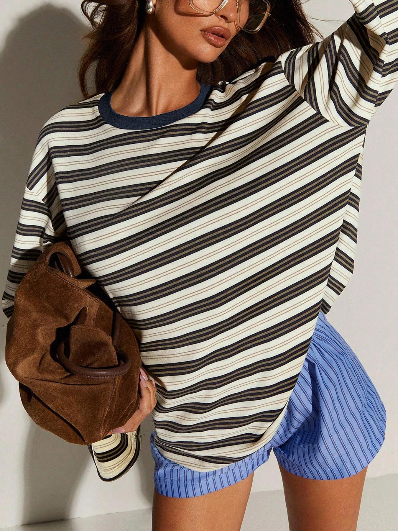 Women's Classic Casual Striped Long Sleeve Spring Fall Round Neck Fitted Top, Versatile Stripes Design, Perfect for Daily Wear-TACTILEFABLE