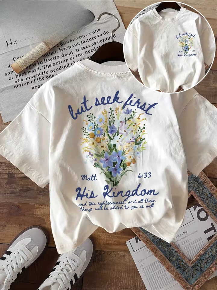 Women's Matthew 6:33 Floral Scripture Oversized Graphic T-Shirt