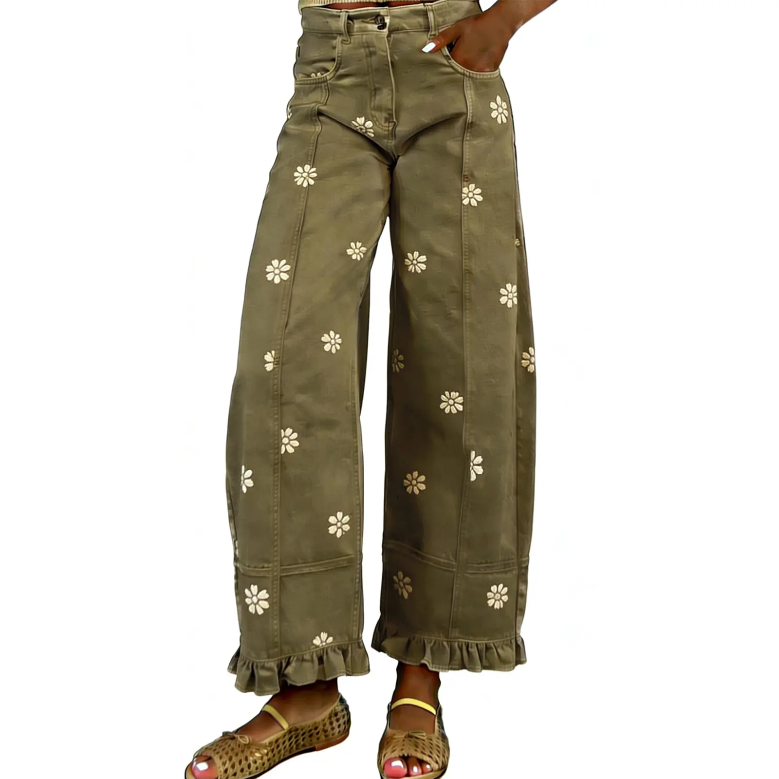 Women's High Waist Floral Print Wide Leg Pants, Ruffle Hem Casual Trousers-Tactilefable