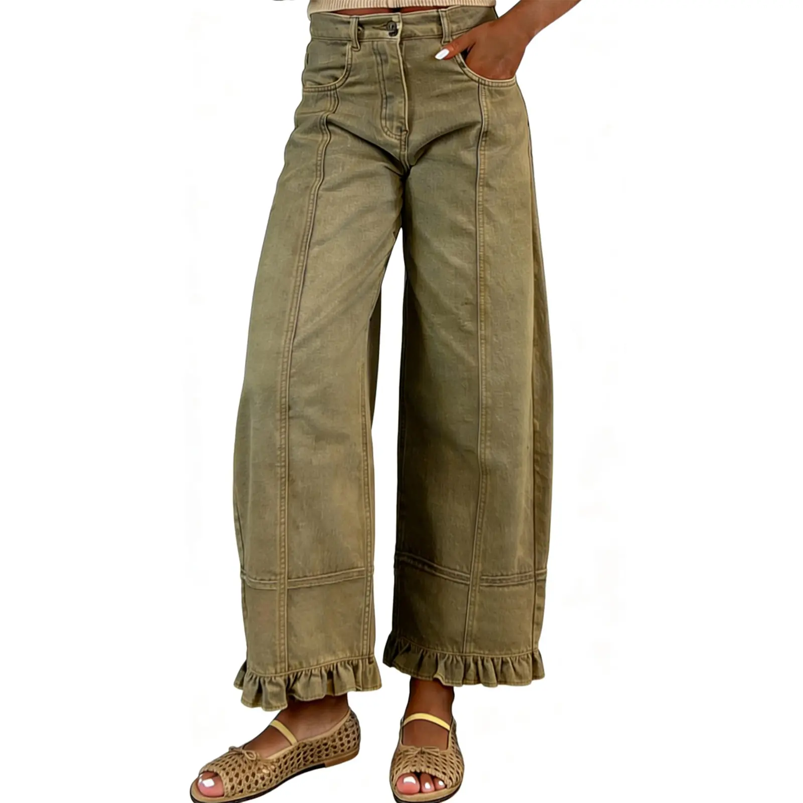 Women's Mid Rise Wide Leg Denim Pants, Ruffle Hem Seamed Washed Jeans-Tactilefable