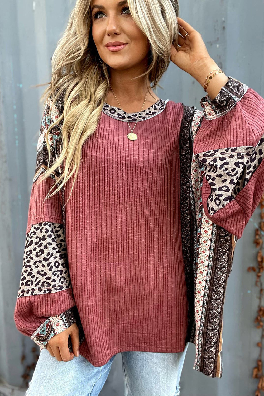 Women's Boho Leopard Patchwork Ribbed Top, Crew Neck Long Sleeve Loose Fit Tunic Blouse-Tactilefable