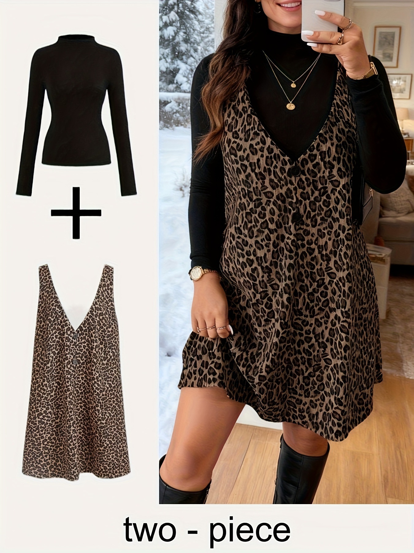Women's 2 Piece Outfit, Mock Neck Long Sleeve Knit Top + Leopard Print V Neck A-Line Midi Overall Dress Set-TACTILEFABLE