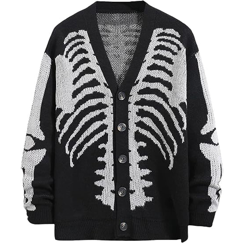 Women's Skeleton Print Knit Cardigan, V Neck Long Sleeve Single Breasted Halloween Streetwear Sweater-TACTILEFABLE