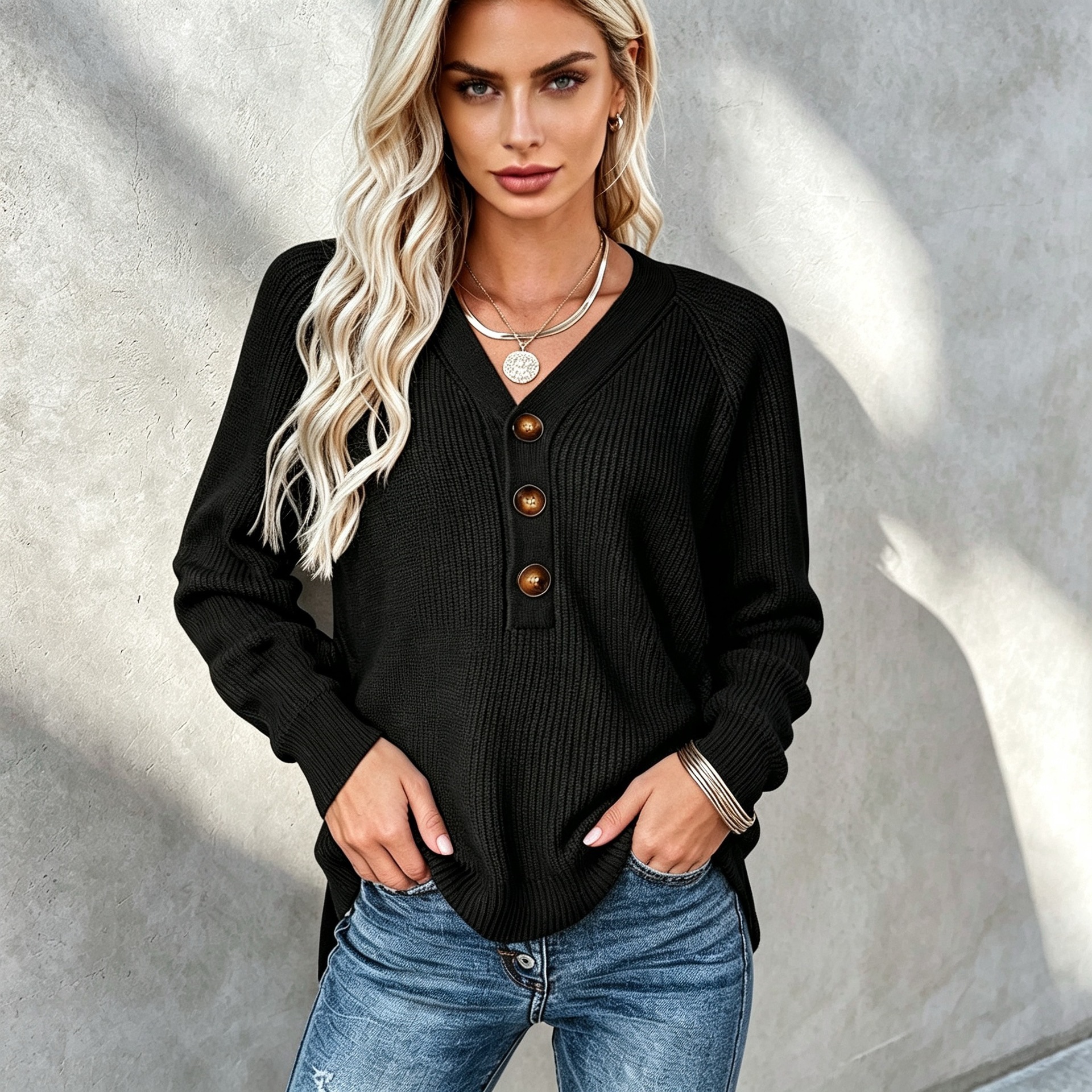 Women's V Neck Ribbed Knit Henley Sweater, Long Sleeve Loose Fit Soft Wool Blend Pullover Top for Fall-TACTILEFABLE