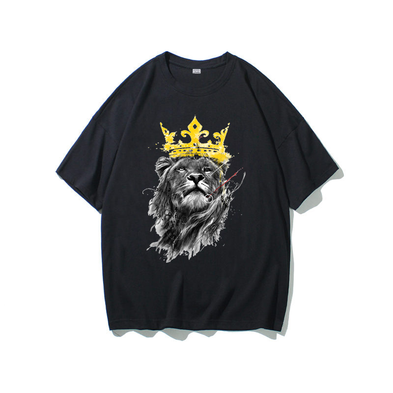 Casual and stylish gold crown lion print T-shirt-Tactilefable