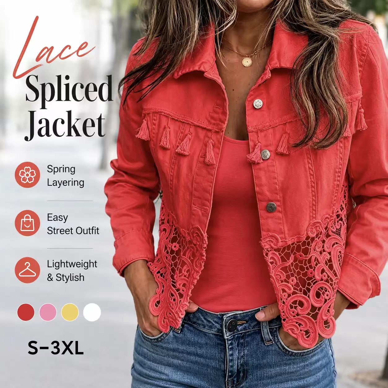 Women’s Chic Splice Lace Denim Jacket - Tassel Trim, Button-Up Long Sleeve.-Tactilefable