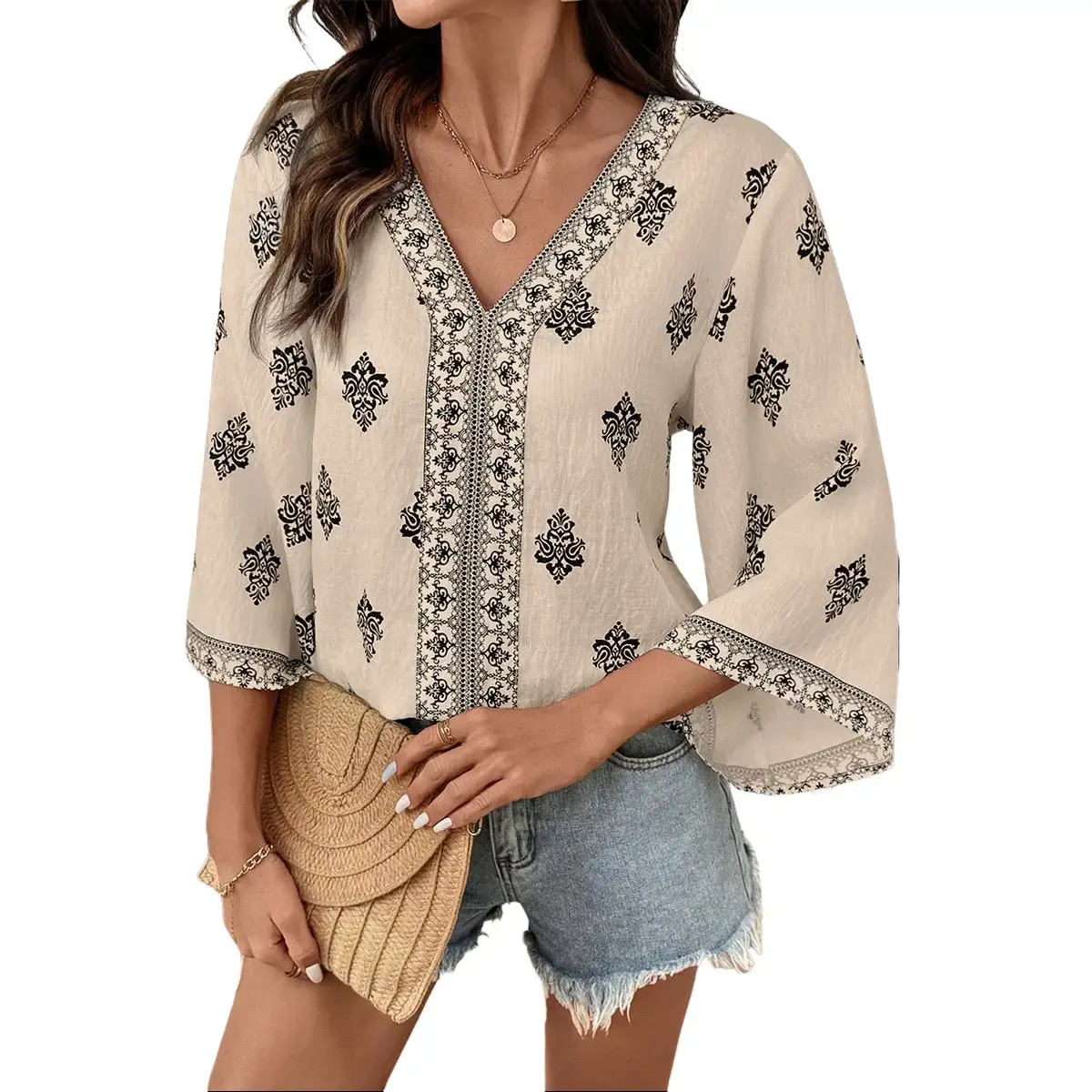Bohemian Geometric Print V Neck Blouse for Women-Tactilefable