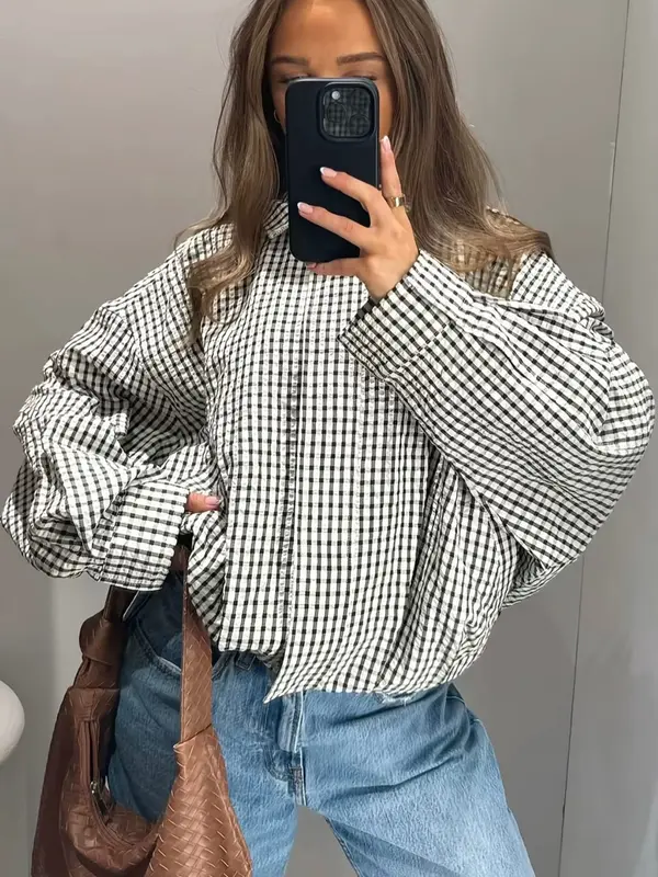 Jacket Female Spring Summer Black & White Gingham Check Cropped Bomber Jacket Stand Collar Zip Elasticated Waist & Cuffs Oversized Fit Lightweight Crinkled Fabric Side Pockets Daily Wear, Street Style, Office Casual-Tactilefable