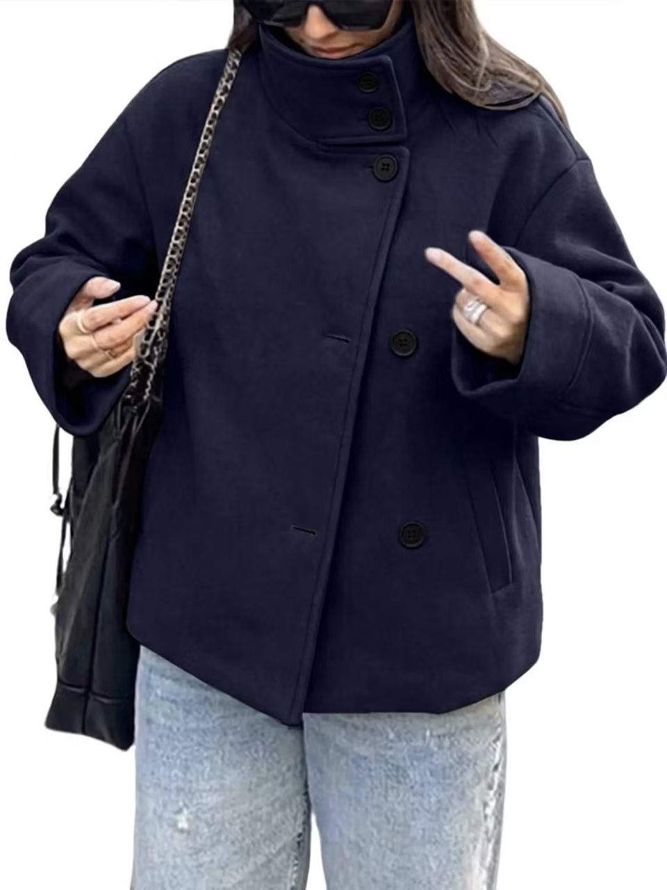 Women Short Stand Collar Wool Look Coat, Loose Asymmetric Button Down Fall Outerwear-Tactilefable