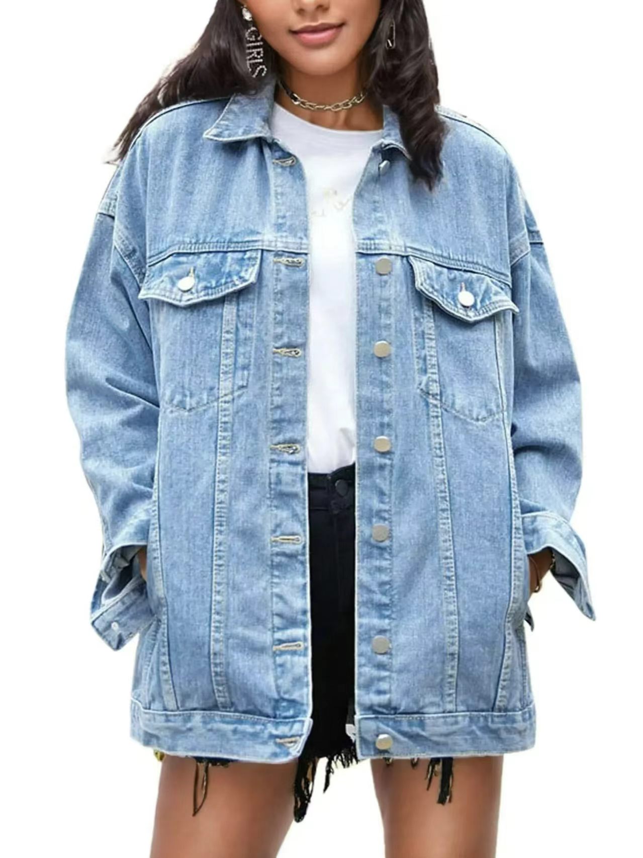 Women’s Oversized Mid-Long Denim Jacket  Fit Jean Jacket with Pockets Casual Loose Denim Coat-TACTILEFABLE
