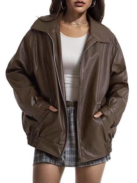 Women's Oversized Faux Leather Jacket for Fall and Winter-Tactilefable