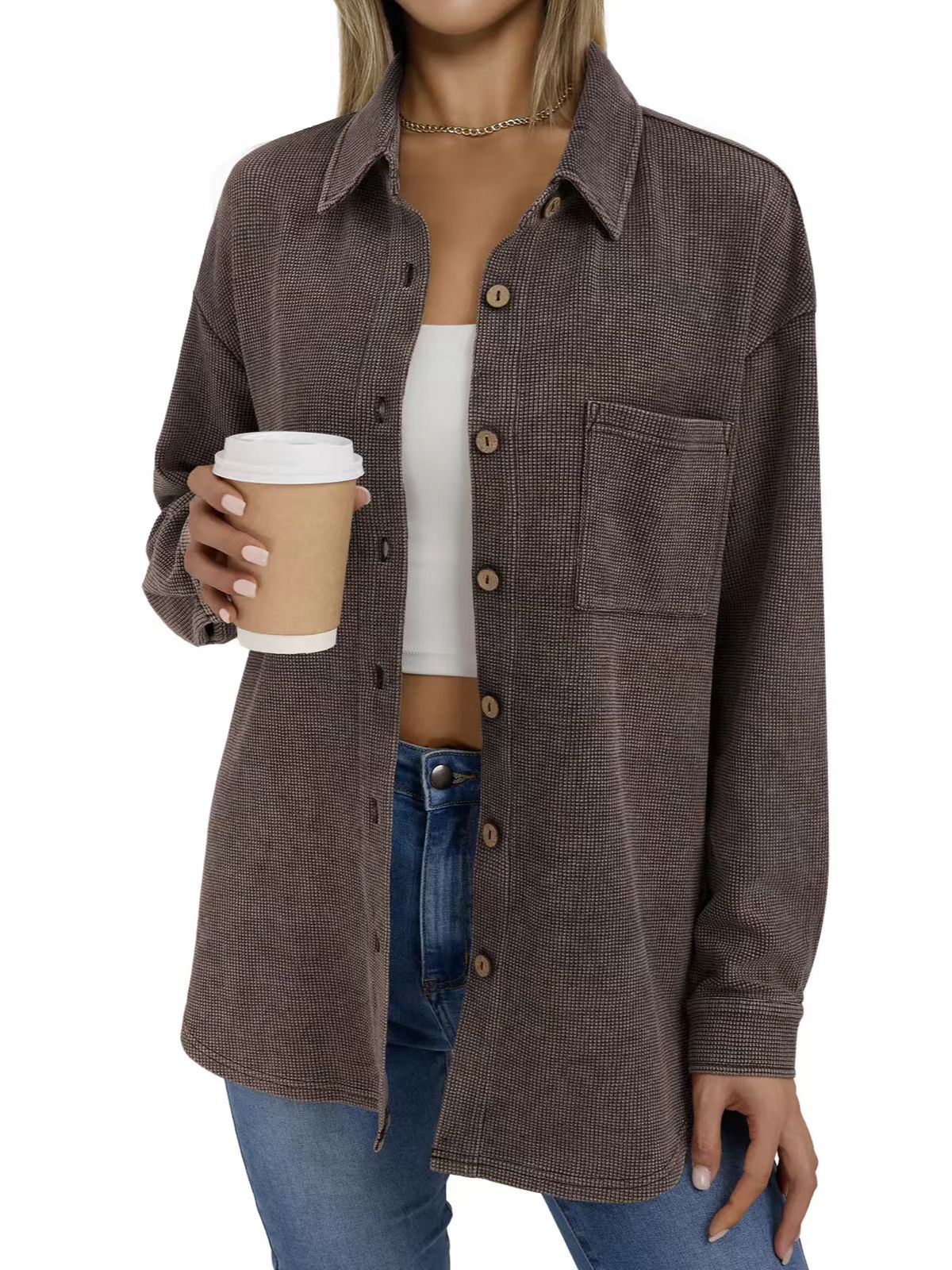 Women Loose Mid-Length Corduroy Shirt, Lapel Button Down Casual Fall Tunic Top-Tactilefable