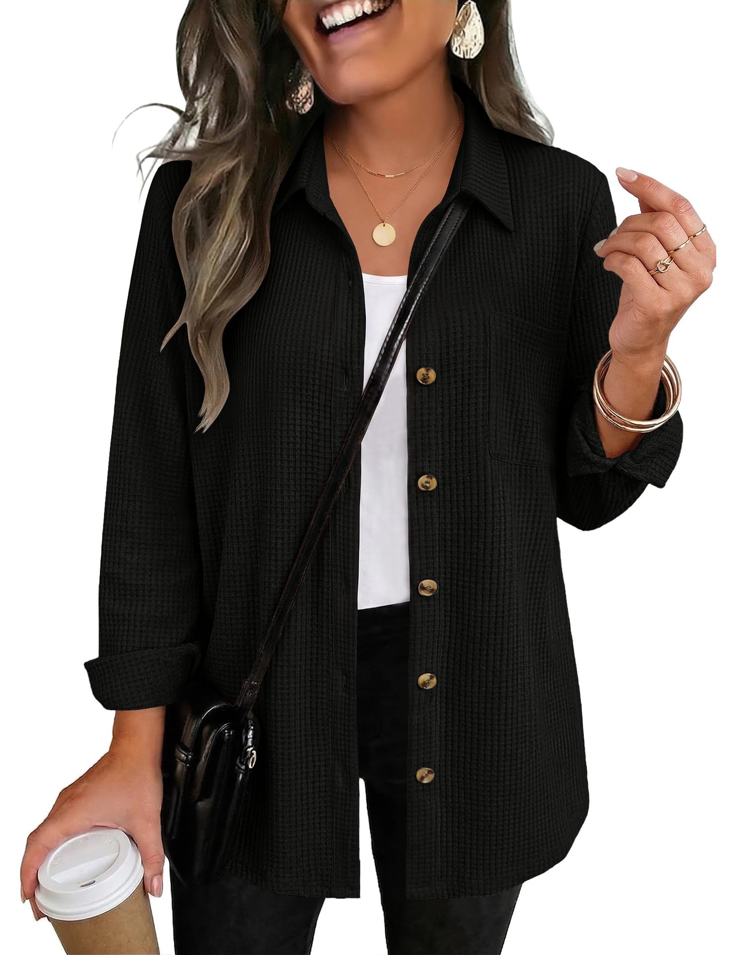 Women's Casual Waffle Knit Top, Button Down Long Sleeve Shacket-Tactilefable