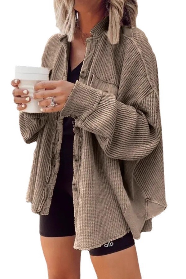 Women's Loose Fit Batwing Sleeve Waffle Knit Button Down Shacket Top-Tactilefable