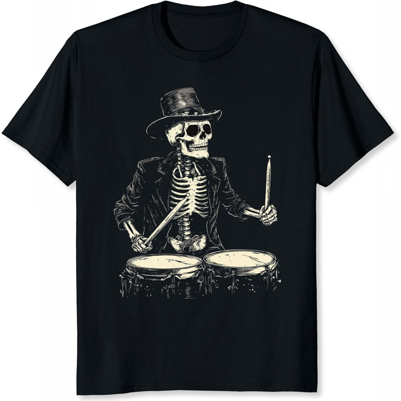 Men’s Cotton Skeleton Drummer Rock Graphic Crew Neck Short Sleeve Tee-Tactilefable