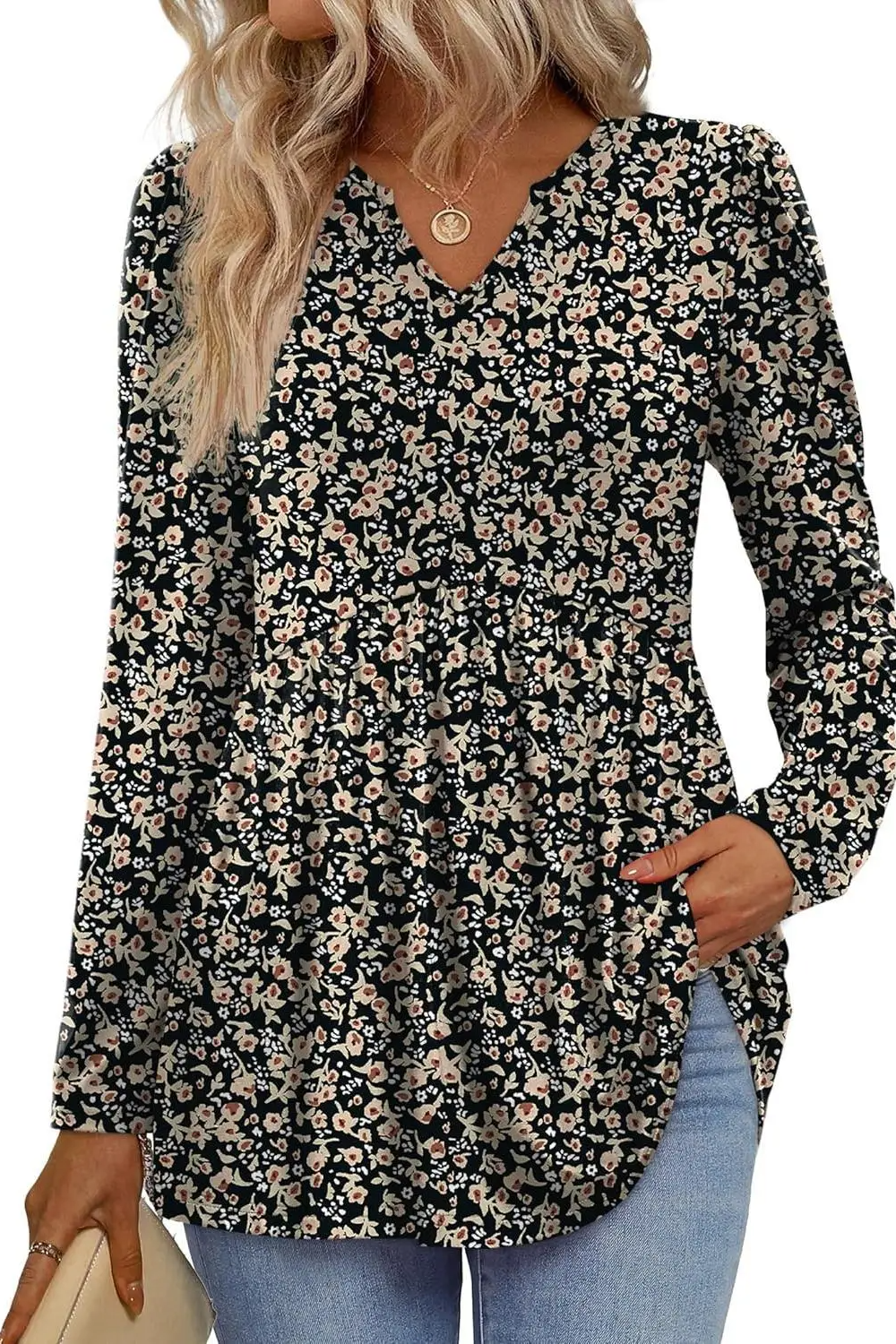 Womens Tops Long Sleeve Fall Shirts Babydoll Peplum Tops for Women V Neck Tunic Dressy Casual Blouses-TACTILEFABLE
