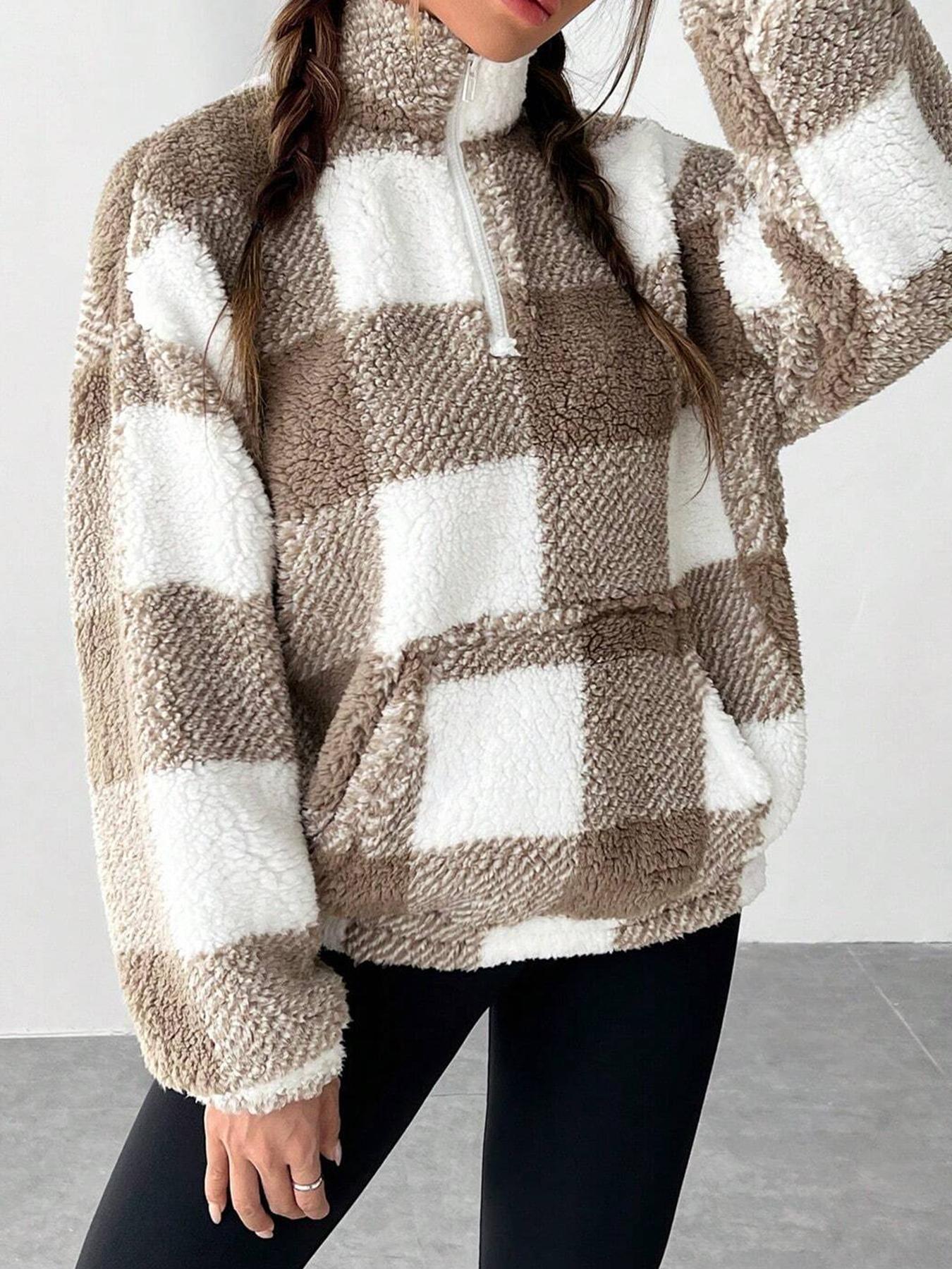 Women's Plaid Print Half Zip Drop Shoulder Fleece Sweatshirt, Casual Long Sleeve Stand Collar Pullover for Spring & Fall-TACTILEFABLE
