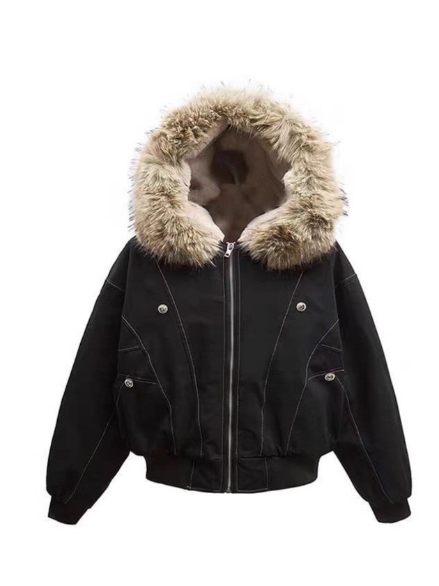 Faux Fur Lined Waterproof Bomber Jacket With Faux Fur Collar Hood, Elegant And Sophisticated,Enhances Warmth, Providing A Soft,Beautiful And Warm-TACTILEFABLE