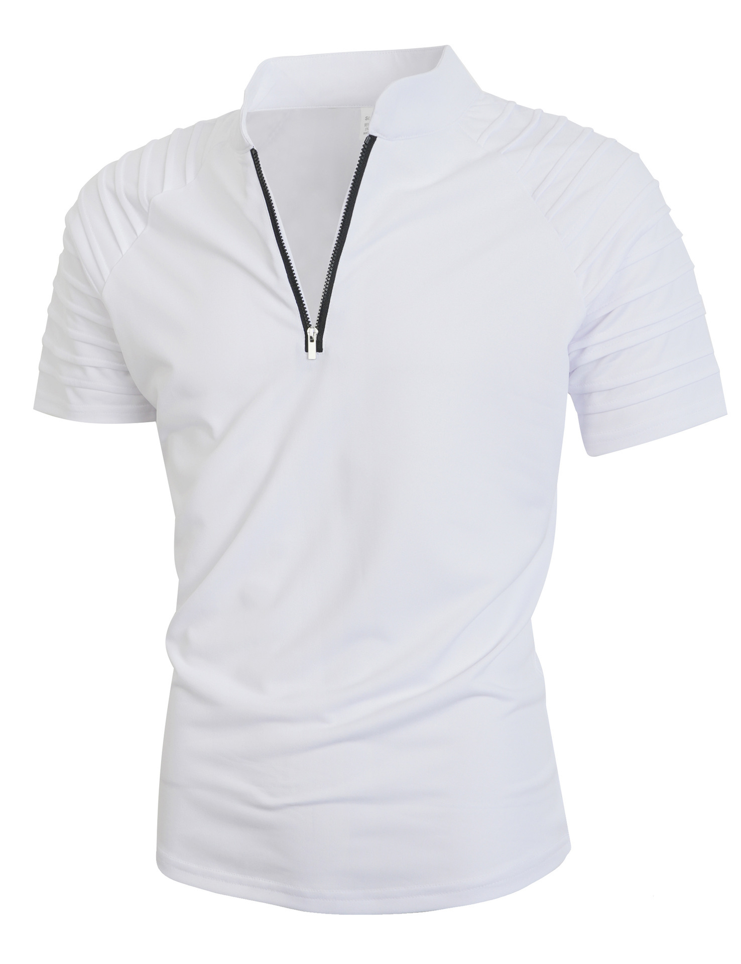 Men's Stand Collar Half Zip Short Sleeve Shirt, Pleated Raglan Shoulder Solid Color Casual Tee-TACTILEFABLE