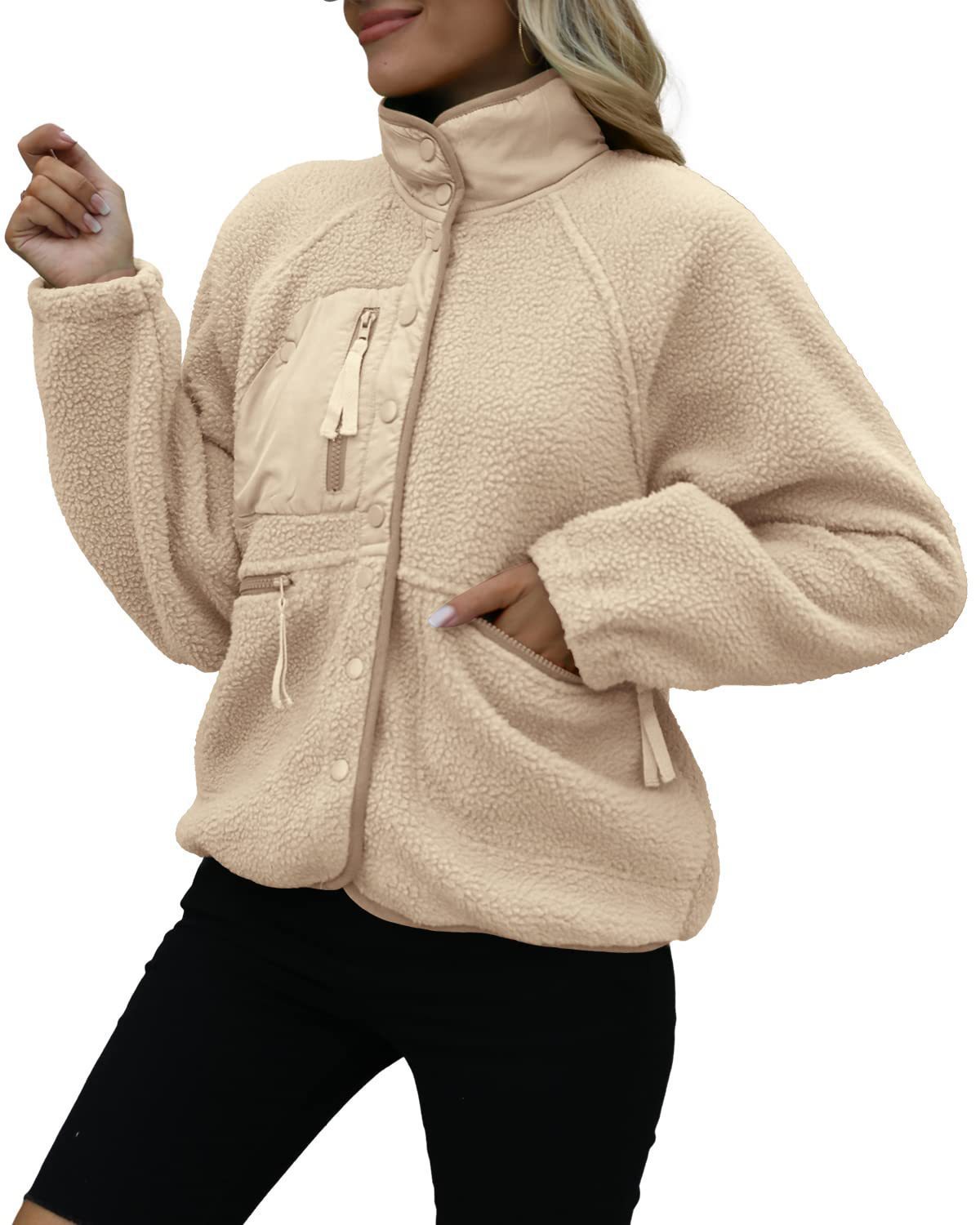 Women's Cropped Sherpa Lined Fleece Jacket Fall Warm Button Down Fuzzy Coats Shacket Outerwear with Pockets-Tactilefable