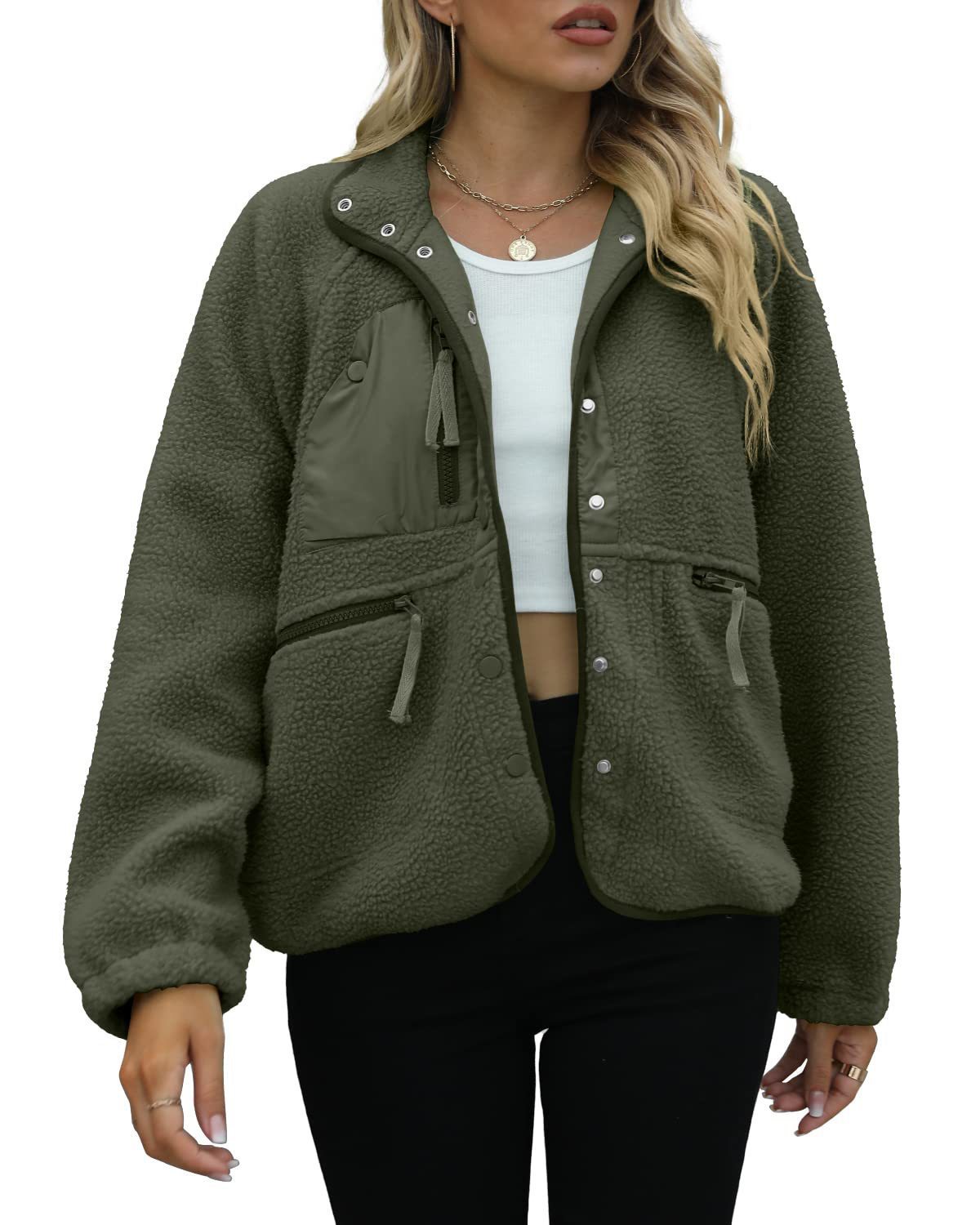 Women's Cropped Sherpa Lined Fleece Jacket Fall Warm Button Down Fuzzy Coats Shacket Outerwear with Pockets-Tactilefable