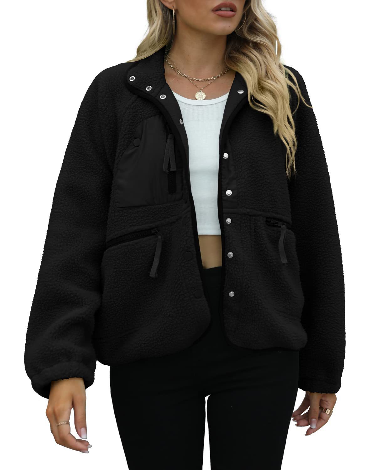 Women's Cropped Sherpa Lined Fleece Jacket Fall Warm Button Down Fuzzy Coats Shacket Outerwear with Pockets-Tactilefable