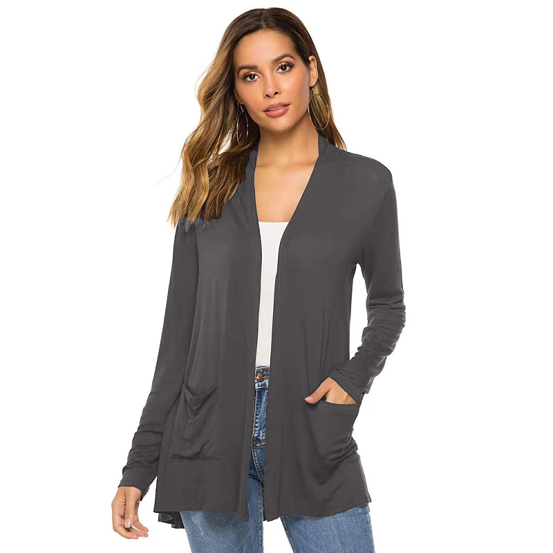 Women's Modal Long Sleeve Open Front Cardigan, V Neck Mid Length Casual Knit Cardigan with Pockets-TACTILEFABLE